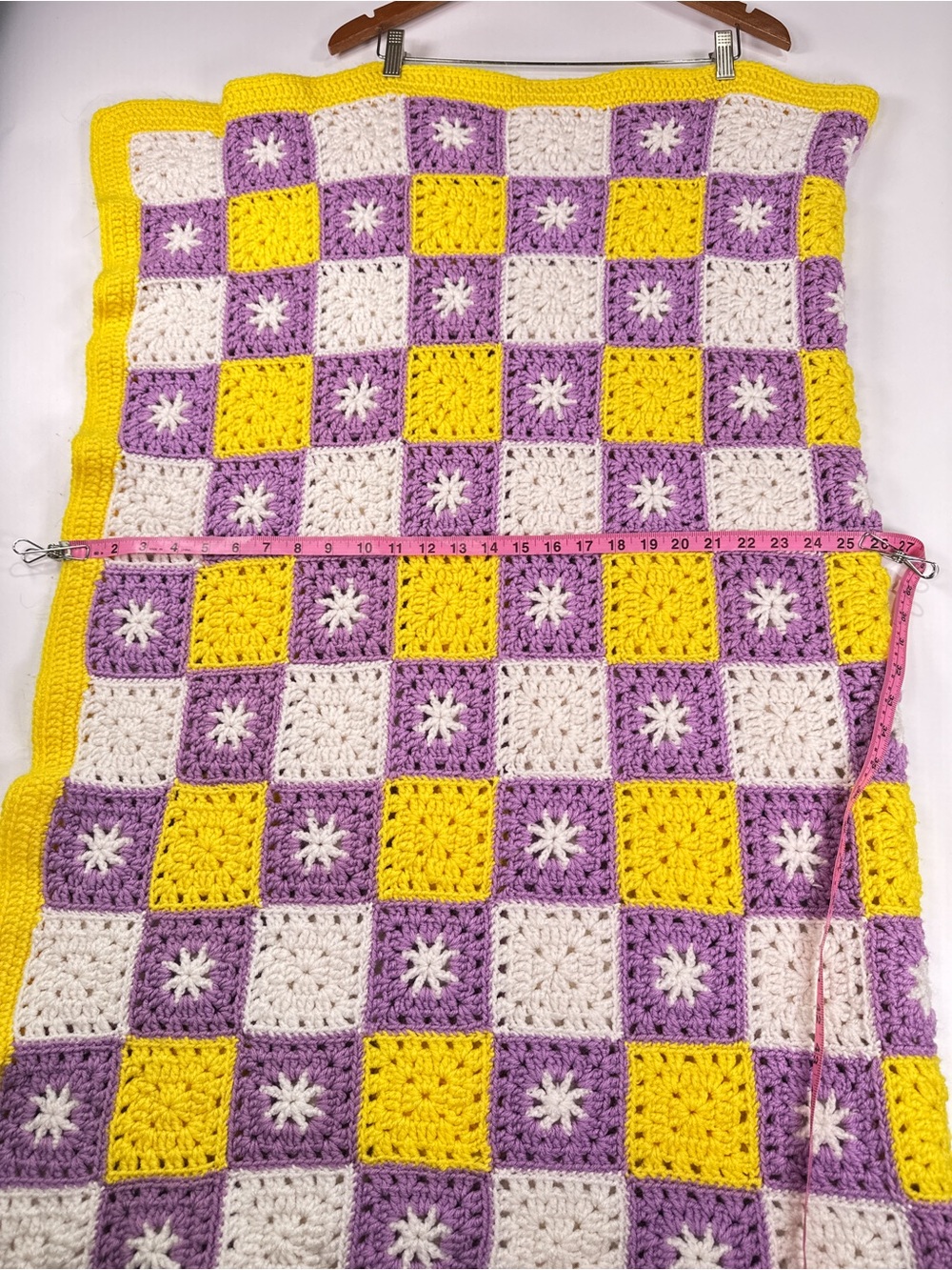 Handmade Vintage Granny Square Crochet Checkerboard Throw Purple Yellow 28x40 - Picture 8 of 9